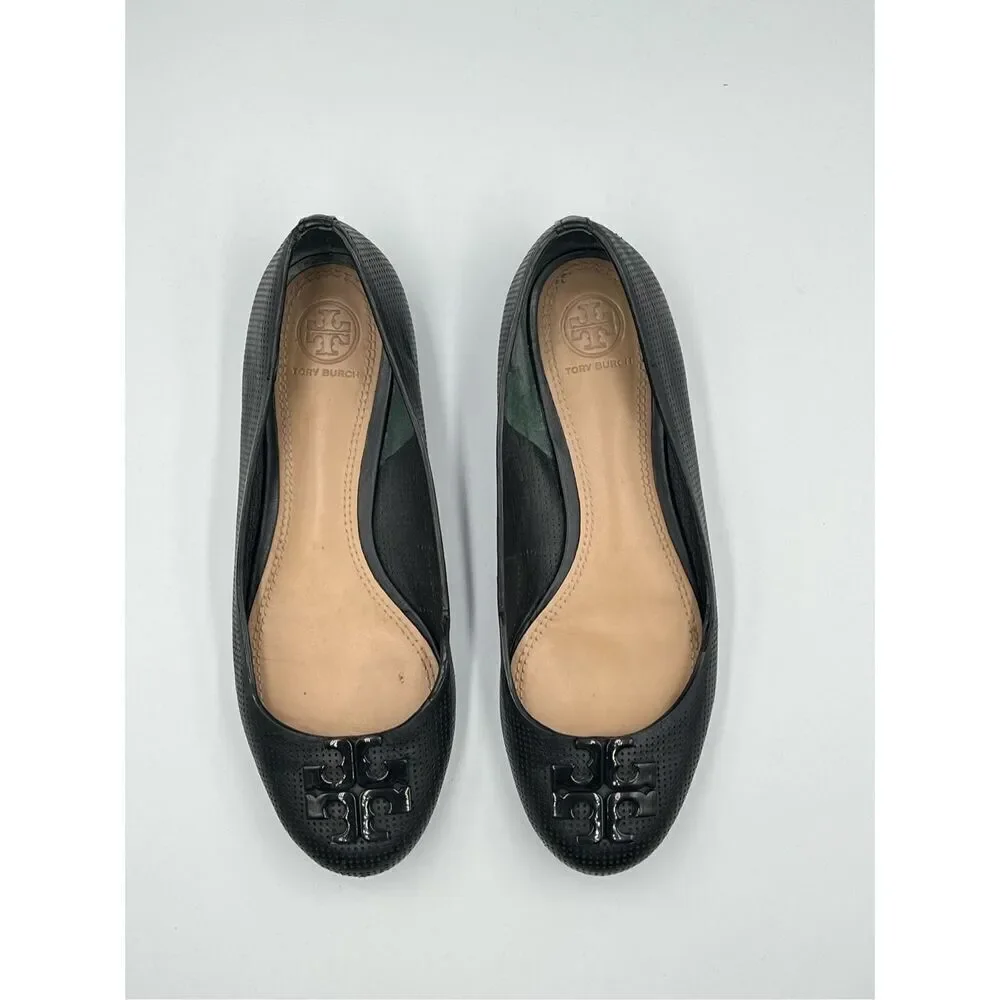 Tory Burch Lowell 2 Perforated Black Leather Ballerina Ballet Flat w Logo Size 7